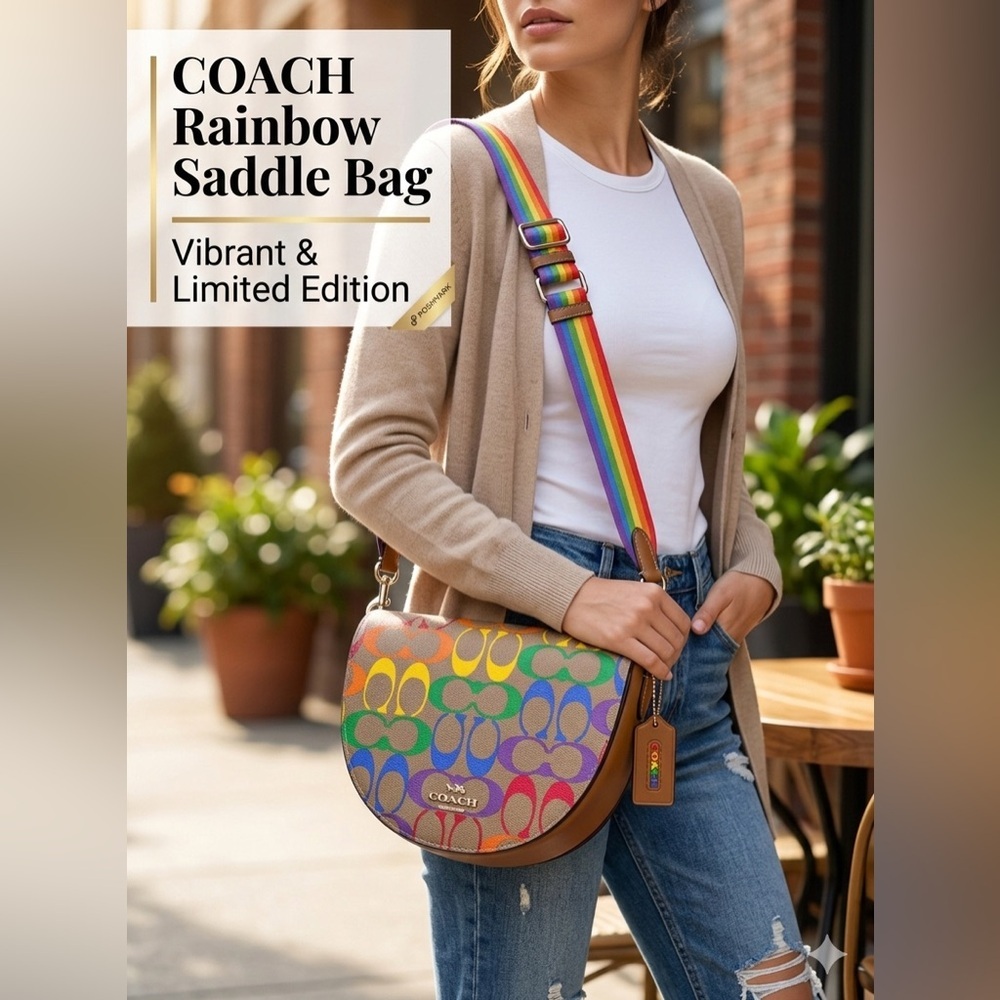 🌈 COACH Willow Saddle Bag in Rainbow Signature Canvas - Pride Edition & Dust Bag